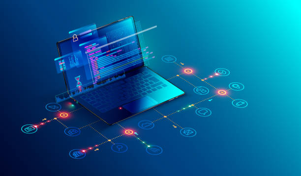 stockillustraties, clipart, cartoons en iconen met software, webontwikkeling, programmering concept. abstract taal en programma programmacode op scherm laptop. laptop en pictogrammen bedrijfsnetwerk. technologie proces van softwareontwikkeling - computertaal