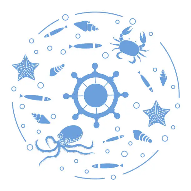 Vector illustration of Wheel, fish, seashells, starfish, crab, octopus.