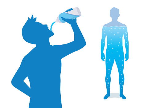 Silhouette of man drinking water from bottle and another person have aqua in body.