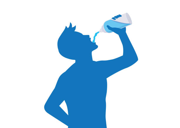 Silhouette of man drinking water from bottle for stop thirsty. Silhouette of man drinking water from bottle for stop thirsty isolated on white background. thirst quenching stock illustrations