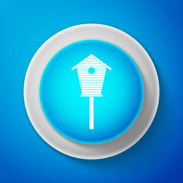 Vector illustration of White Bird house icon isolated on blue background. Nesting box birdhouse, homemade building for birds. Circle blue button with white line. Vector Illustration