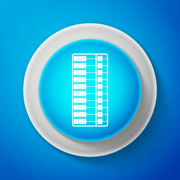 Vector illustration of White Abacus icon isolated on blue background. Traditional counting frame. Education sign. Mathematics school. Circle blue button with white line. Vector Illustration