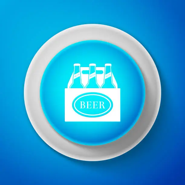 Vector illustration of White Pack of beer bottles icon isolated on blue background. Case crate beer box sign. Circle blue button with white line. Vector Illustration