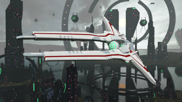 istock Virtual spacescene with architecture and spaceship. 3D rendering 987378118