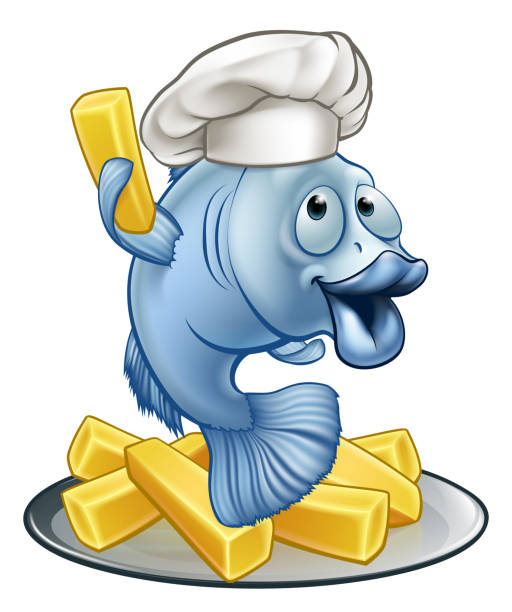 ilustraciones, imágenes clip art, dibujos animados e iconos de stock de personaje de dibujos animados chef pescado y patatas fritas - fish prepared fish fishing bass