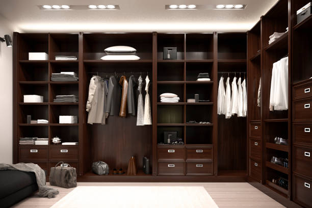 istock beautiful wood horizontal wardrobe and walk in closet. 3d illustration 987384232