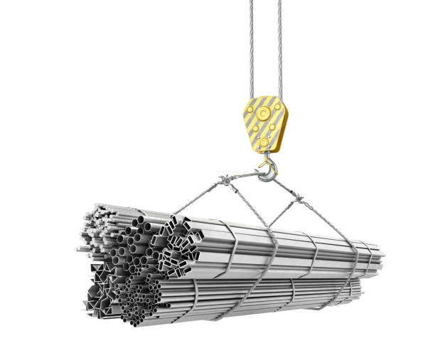 istock Different rolled metal products on a crane hook on a white. 3d illustration 987384280