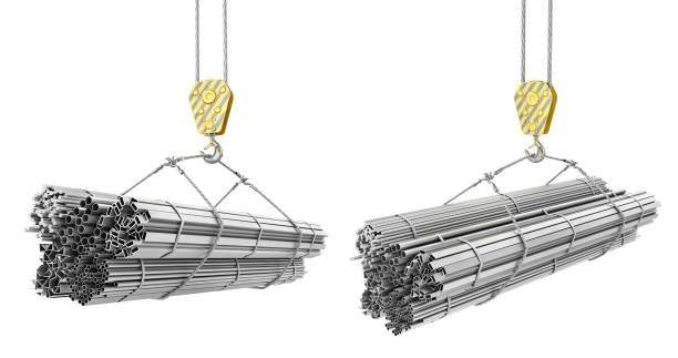 istock Different rolled metal products on a crane hook on a white. 3d illustration 987384352