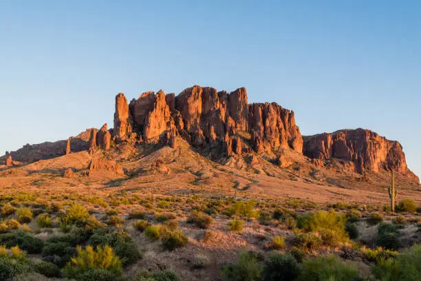 Superstition Mountain in Arizona at sunset.