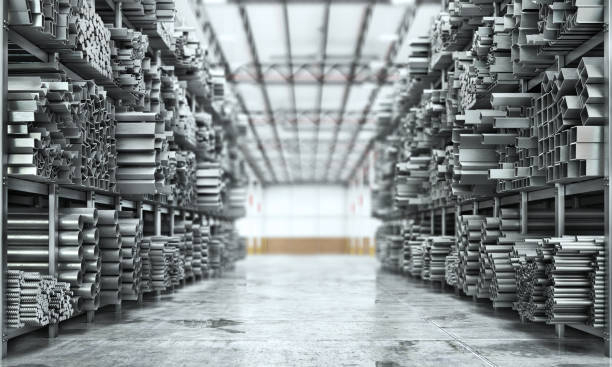 istock Metal rolled products on a warehouse background. 3d illustration 987384856