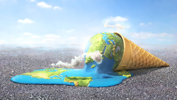 グローバル警告。熱い太陽の下でアイスクリームを溶かすよう惑星。3 d イラストレーション - europe map world map cartography ストックフォトと画像