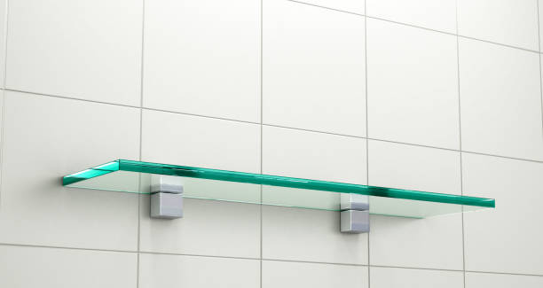 glass shelf on a white wall. 3d illustration