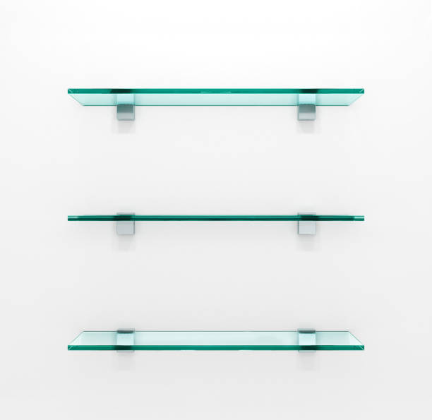 Glass shelves on light grey background. 3d illustration