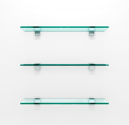 Glass shelves on light grey background. 3d illustration