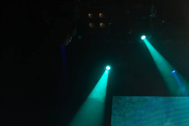 istock Cyan scenic spot lights, beams and smoke 987389356