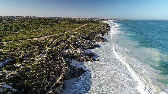 Aerial view Ocean Reef Perth Western Australia seaside coast waves rolling onto shore