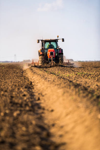 istock Farmer in tractor preparing land with seedbed cultivator 987394242