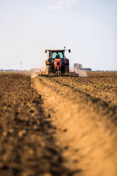 istock Farmer in tractor preparing land with seedbed cultivator 987394296
