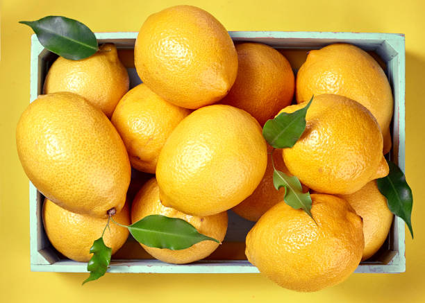 Yellow lemons in a box on a yellow background. The view from the top. stock photo