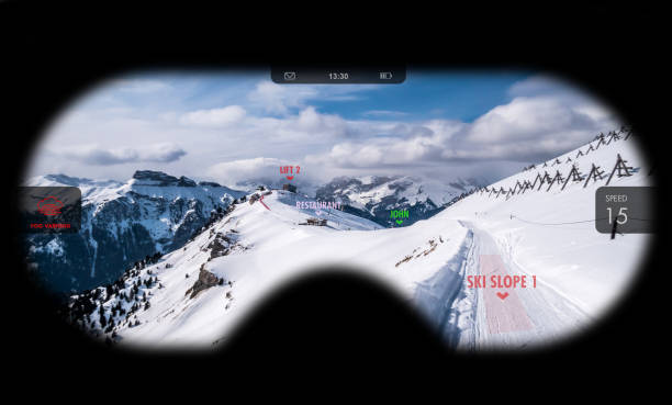 Augmented reality in ski goggles. Information about speed, places and slopes is displayed inside glasses. Concept of skiing in AR. Augmented reality in ski goggles. Information about speed, places and slopes is displayed inside glasses. Concept of skiing in AR. ski goggles stock pictures, royalty-free photos & images