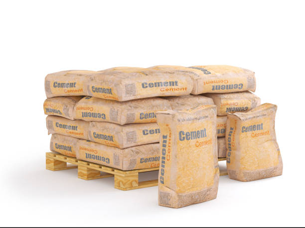 istock Cement in bags on pallet, 3D rendering, isolated on white background. 987409164