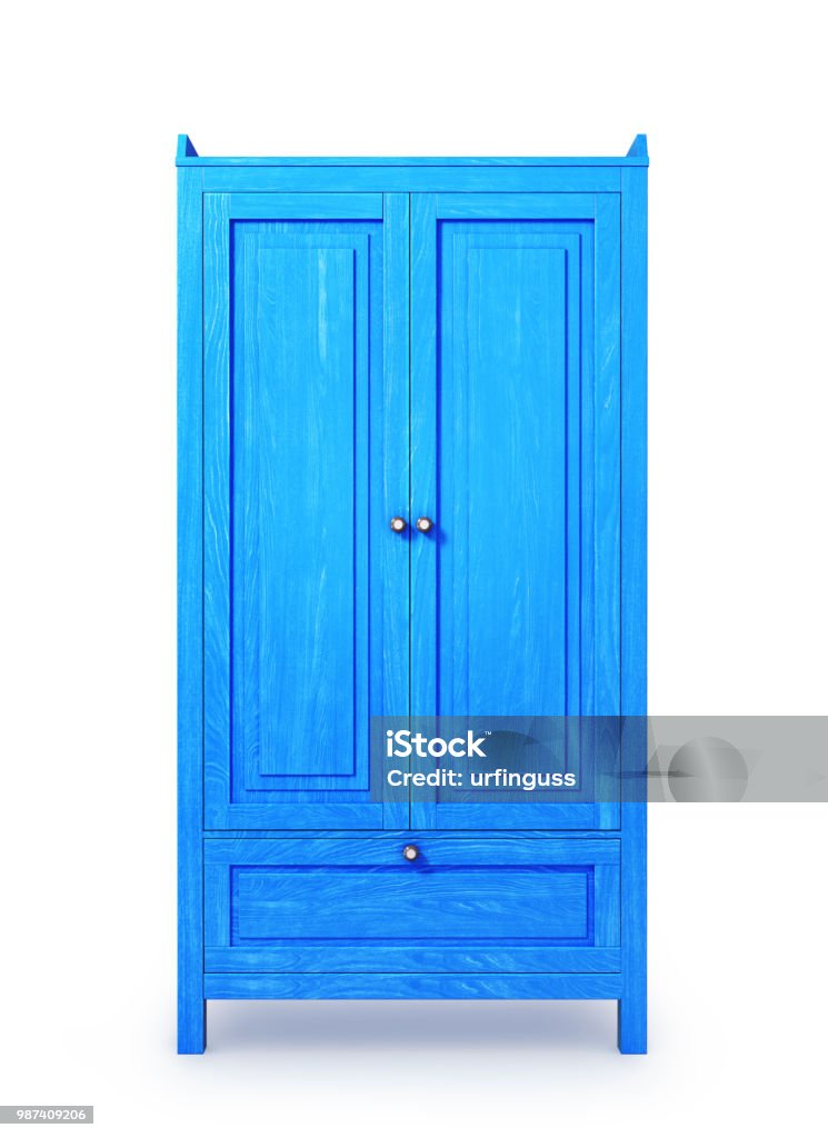 Holzgehäuse, blau isoliert auf weißem Hintergrund. 3D illustration - Lizenzfrei Kleiderschrank Stock-Foto