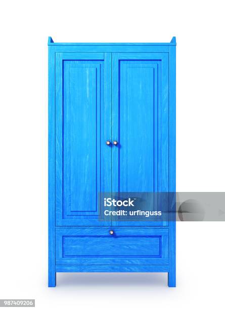 Blue Wooden Cabinet Isolated On White Background 3d Illustration Stock Photo - Download Image Now