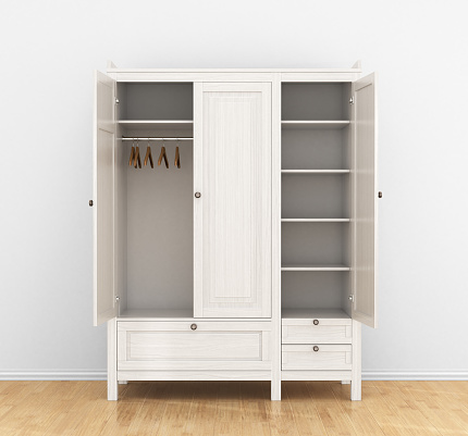 modern wooden wardrobe with clothes hangers. Open doors. 3d illustration