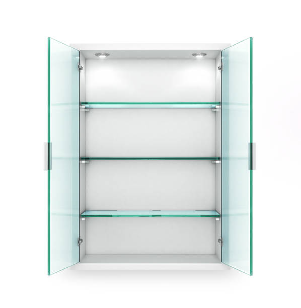 Open cupboard with empty glass shelves. 3d illustration