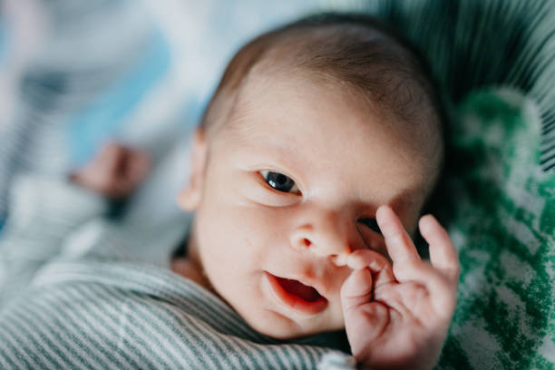 close up of a newborn baby smiling and looking at camera - babies and children close up horizontal looking at camera imagens e fotografias de stock