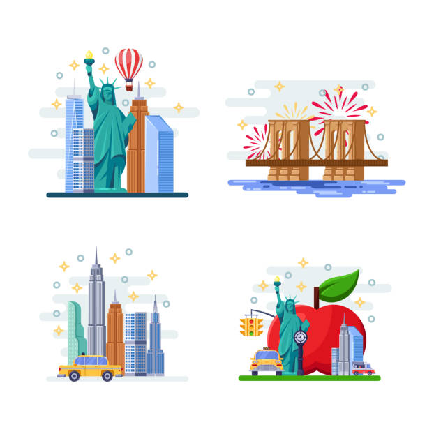 ilustraciones, imágenes clip art, dibujos animados e iconos de stock de viajar a nueva york ilustración plana de vector. símbolos de la ciudad, monumentos y lugares famosos. usa los iconos y elementos de diseño - brooklyn bridge