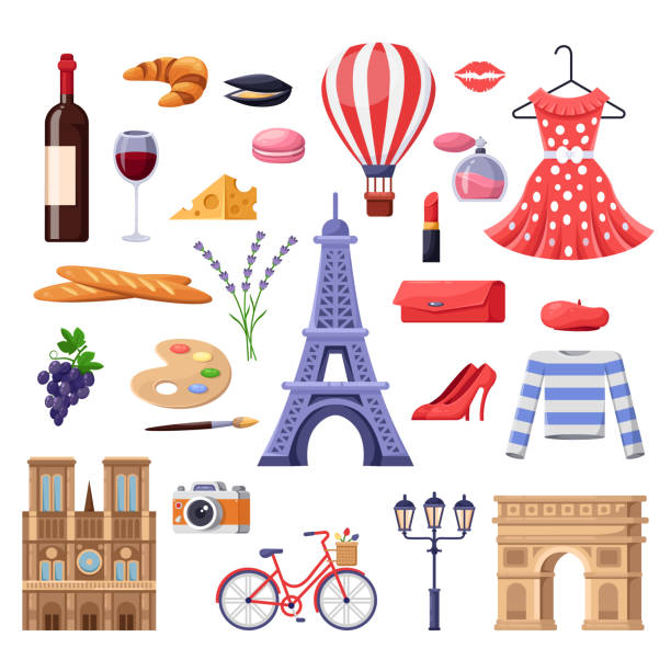 ilustraciones, imágenes clip art, dibujos animados e iconos de stock de viajar a elementos de diseño de francia. lugares turísticos de parís, ilustración de moda y comida. vector de dibujos animados aislados los iconos - beret