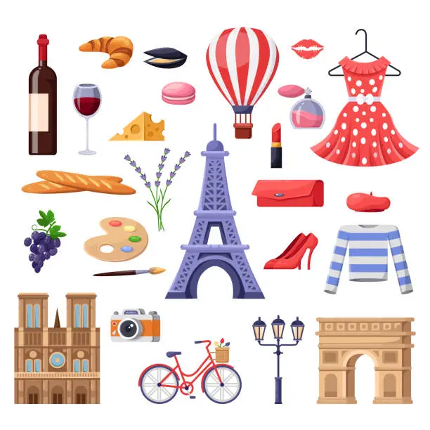 Vector illustration of Travel to France design elements. Paris tourist landmarks, fashion and food illustration. Vector cartoon isolated icons