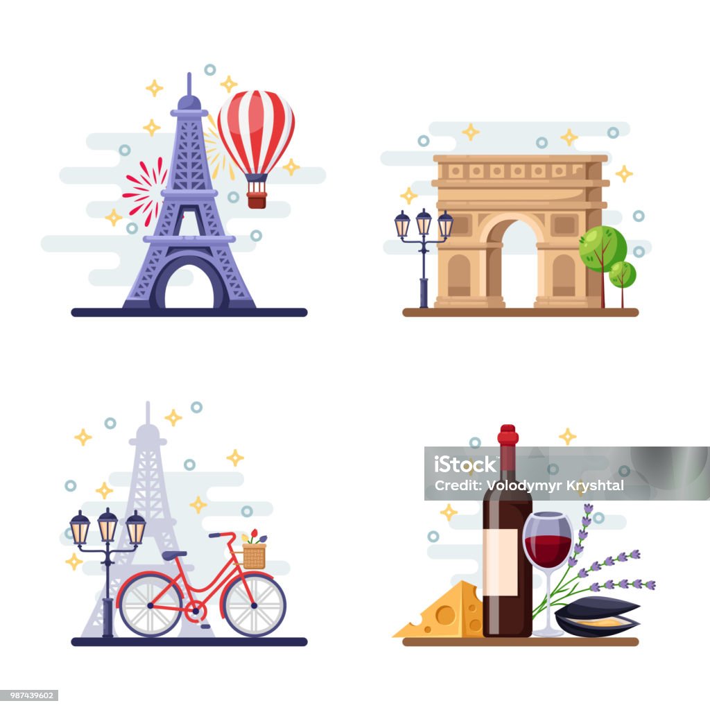 Travel to Paris vector flat illustration. City symbols, landmarks and food. France icons and design elements Travel to Paris vector flat illustration. City symbols, landmarks and food. France icons and design elements. Paris - France stock vector