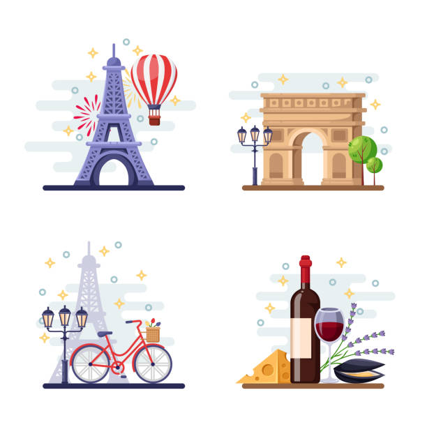 Travel to Paris vector flat illustration. City symbols, landmarks and food. France icons and design elements Travel to Paris vector flat illustration. City symbols, landmarks and food. France icons and design elements. paris france stock illustrations