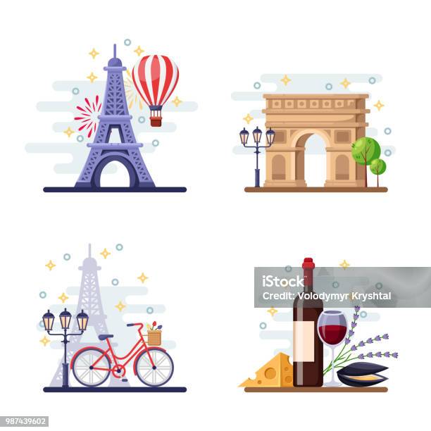Travel To Paris Vector Flat Illustration City Symbols Landmarks And Food France Icons And Design Elements Stock Illustration - Download Image Now