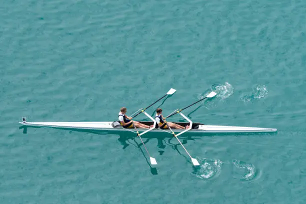Upper view of double scull rowing team on the water