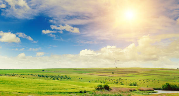 丘陵の緑の野原、風車と青い空を背景に太陽。 - windmill cultivated land crop day ストックフォトと画像