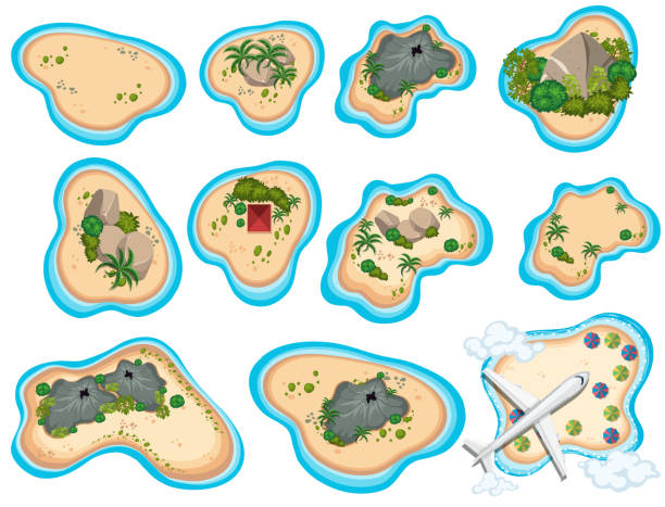 ilustraciones, imágenes clip art, dibujos animados e iconos de stock de un conjunto de isla tropical - isla