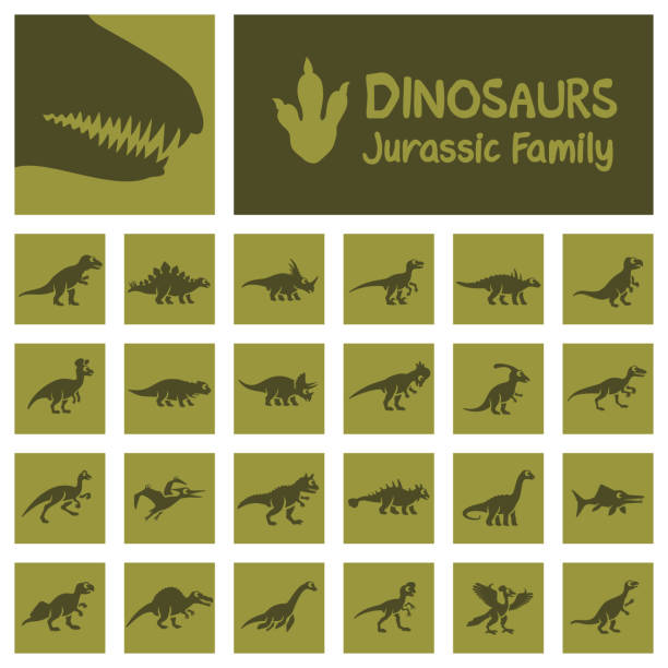 illustrations, cliparts, dessins animés et icônes de dinosaures ensemble d'icônes - illustration and painting geologic time scale old fashioned wildlife