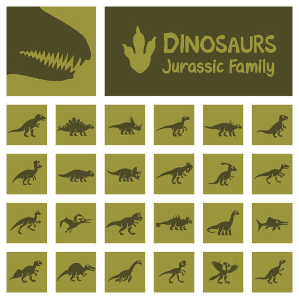 набор икон динозавров - illustration and painting geologic time scale old fashioned wildlife stock illustrations