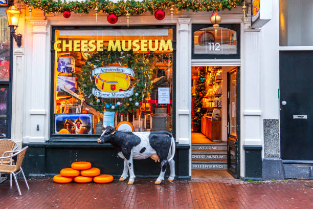 Amsterdam, Netherlands - December 13, 2017: Entrance to Amsterdam's Cheese Museum, Dutch cheese has more than 600 years long tradition and the names of different sorts of cheese are often taken from different cities in Prinsengracht.