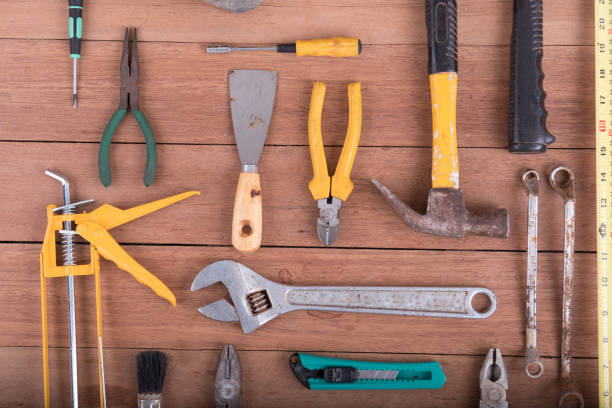 istock safety equipment on wooden. 987483330