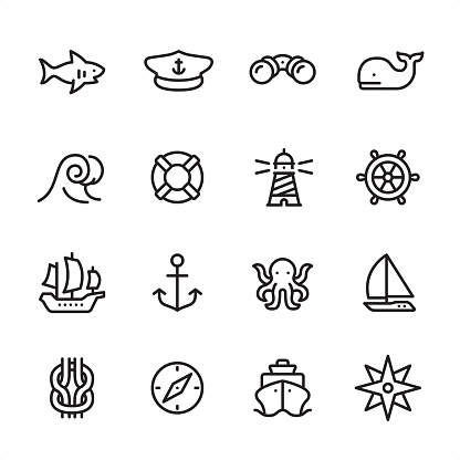 16 line black on white icons / Set #56
Pixel Perfect Principle - all the icons are designed in 48x48pх square, outline stroke 2px.

First row of outline icons contains: 
Shark icon, Boat Captain Hat, Binoculars, Whale;

Second row contains: 
Wave, Buoy, Lighthouse, Rudder;

Third row contains: 
Sailing Ship, Anchor-Vessel Part, Octopus, Yacht; 

Fourth row contains: 
Reef Knot, Navigational Compass, Cruise Ship, Compass Rose.

Complete Inlinico collection - https://www.istockphoto.com/collaboration/boards/2MS6Qck-_UuiVTh288h3fQ