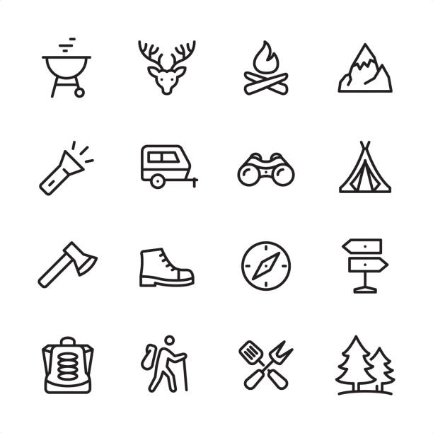 Tourism & Camping - outline icon set 16 line black on white icons / Set #55 / Tourism & Camping /
Pixel Perfect Principle - all the icons are designed in 48x48pх square, outline stroke 2px.

First row of outline icons contains: 
Barbecue Grill, Deer, Bonfire, Mountain Peak;

Second row contains: 
Flashlight, Vehicle Trailer, Binoculars, Tent;

Third row contains: 
Axe icon, Shoe, Navigational Compass, Directional Sign; 

Fourth row contains: 
Camping Backpack, Hiking tourist, Crossed Spatula and Kitchen Fork, Pine Forest.

Complete Inlinico collection - https://www.istockphoto.com/collaboration/boards/2MS6Qck-_UuiVTh288h3fQ hiking icons stock illustrations