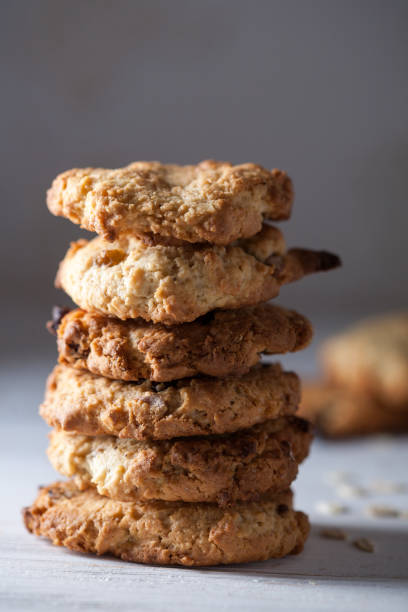 istock A stack of homemade oatmeal cookies on a grey background. 987492404