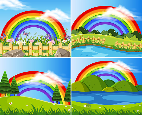 Set of rainbows in green fields illustration