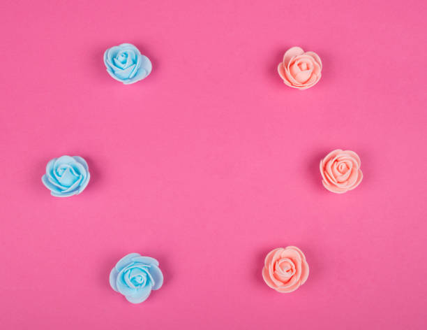 istock Handmade rose buds forming a frame on a pink background 987504658