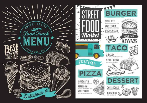 Vector illustration of Food truck menu for street festival on blackboard background. Design template with hand-drawn graphic illustrations.