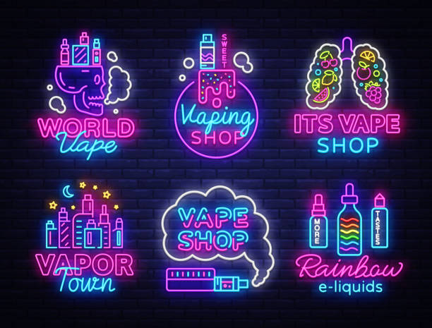 illustrations, cliparts, dessins animés et icônes de collection de vape boutique logo vector neon. vape neon sign, emblèmes conceptuels scénographie modèle sur les cigarettes électroniques de thème, bannière lumineuse, publicité lumineuse de nuit tendance design moderne. vector - e cigarette